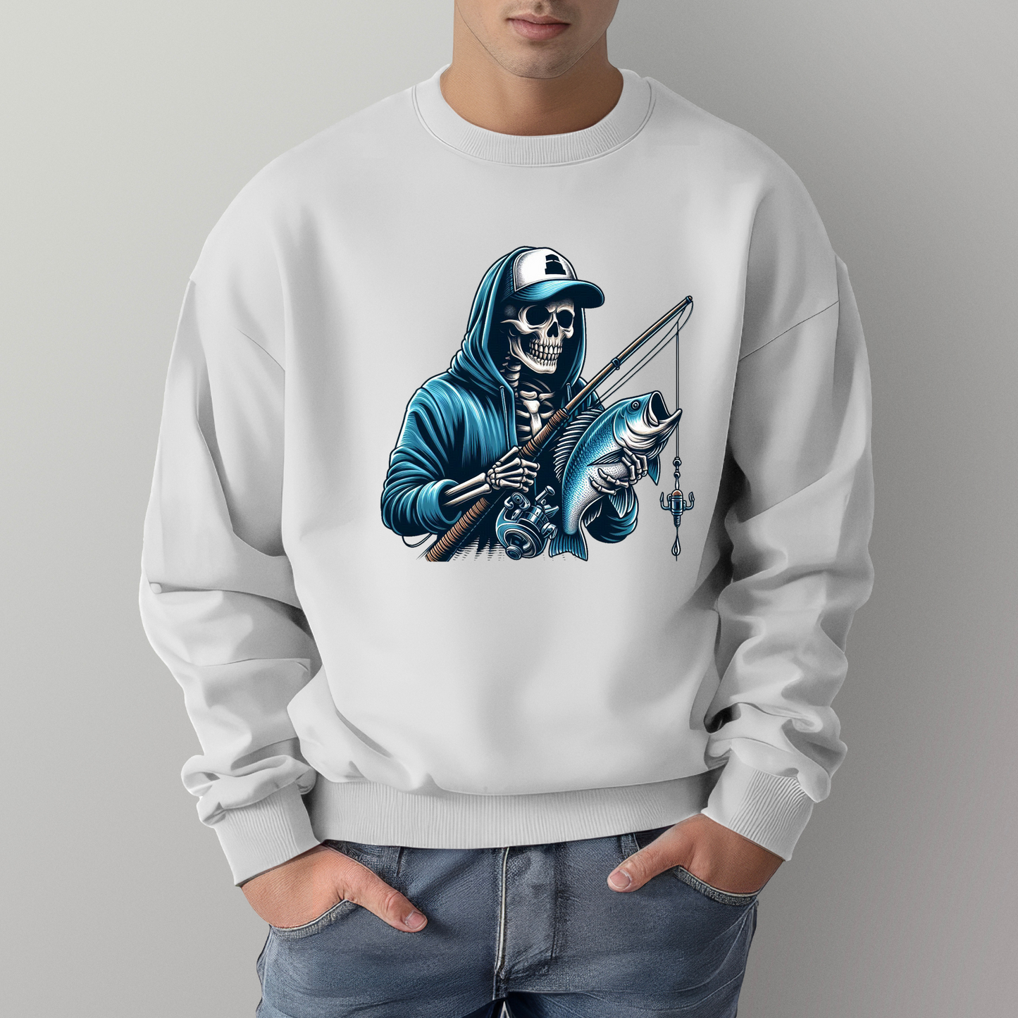 Blue Skeleton Fishing Crewneck Sweater