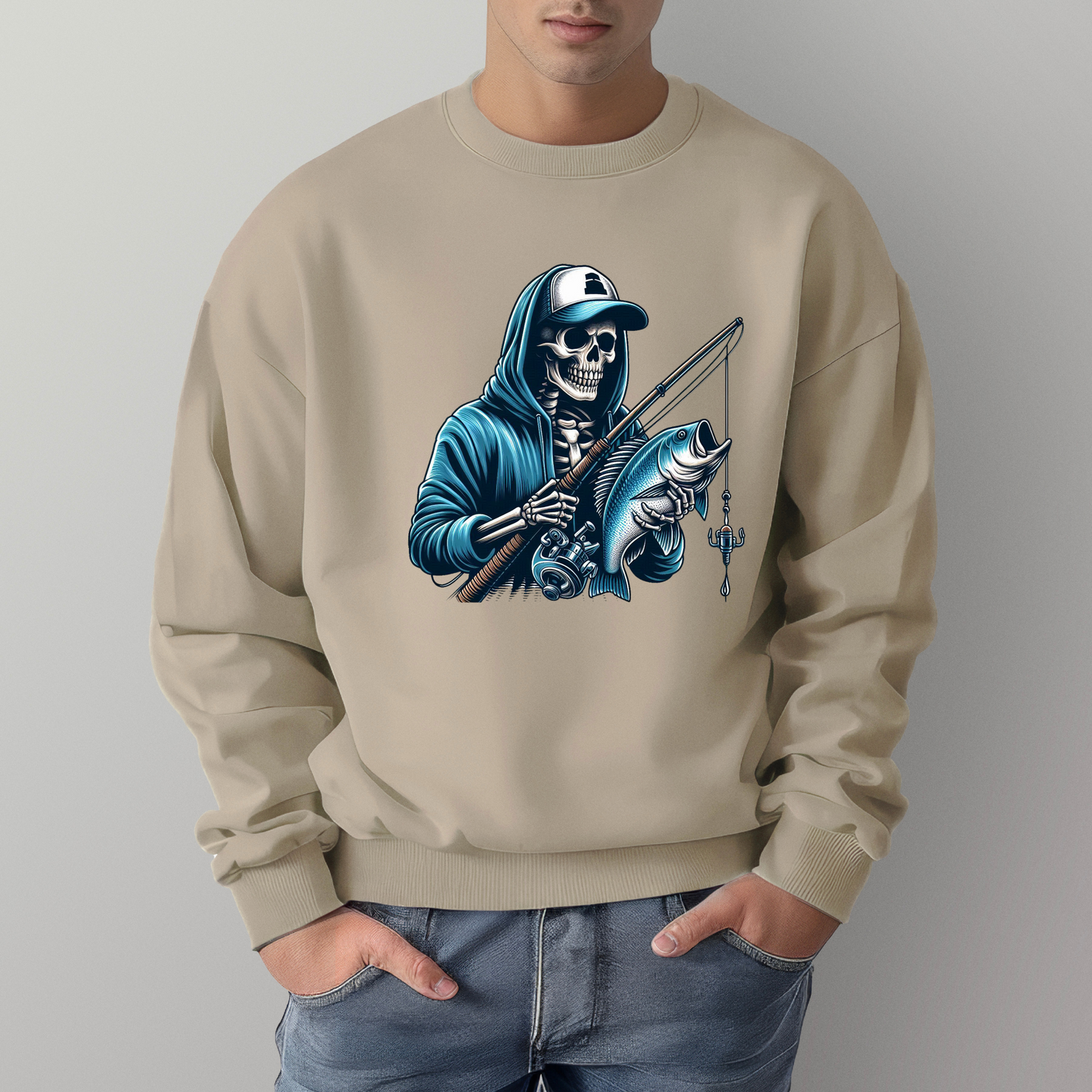 Blue Skeleton Fishing Crewneck Sweater