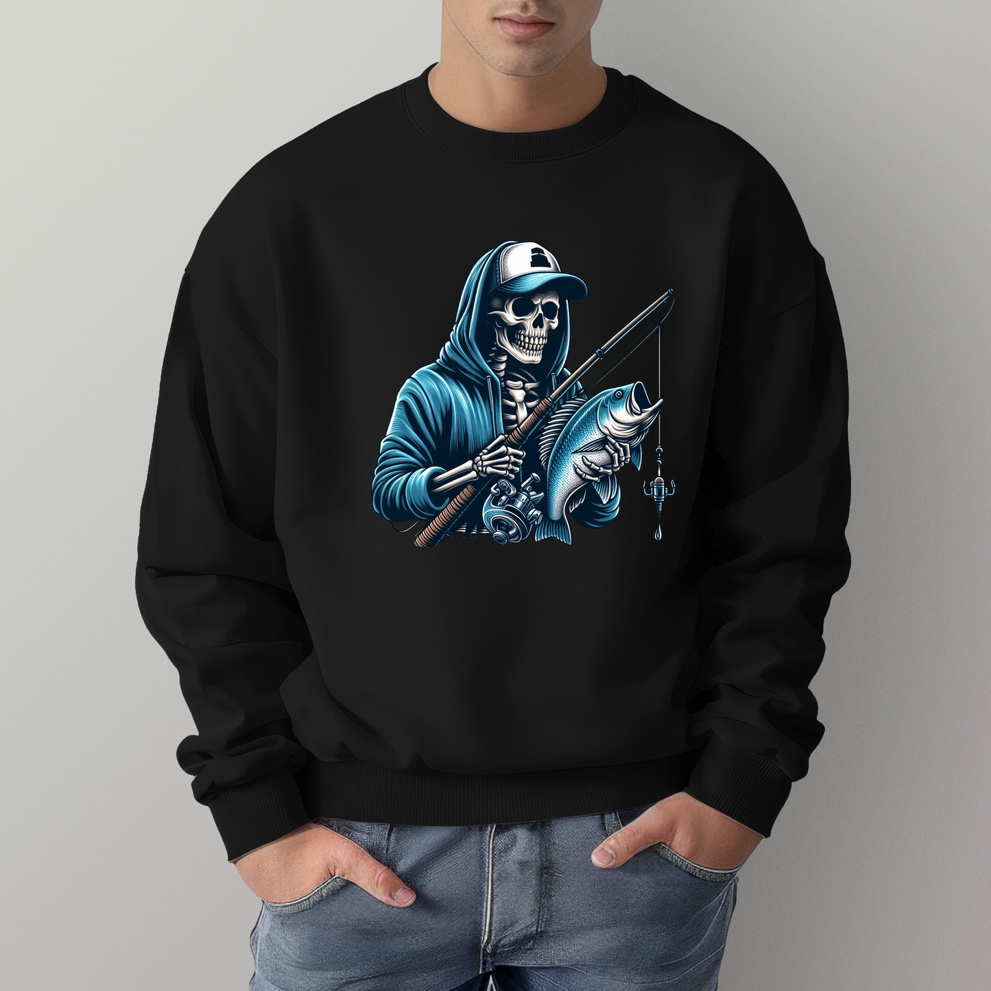 Blue Skeleton Fishing Crewneck Sweater