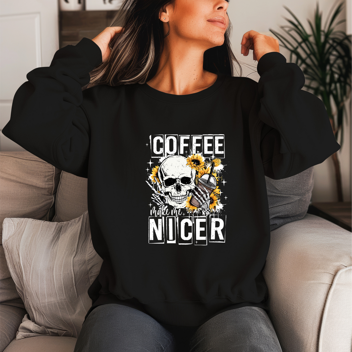 Coffee Make Me Nicer Crewneck Sweater (White Print)