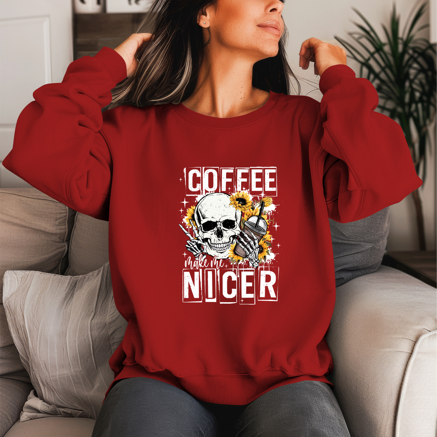 Coffee Make Me Nicer Crewneck Sweater (White Print)