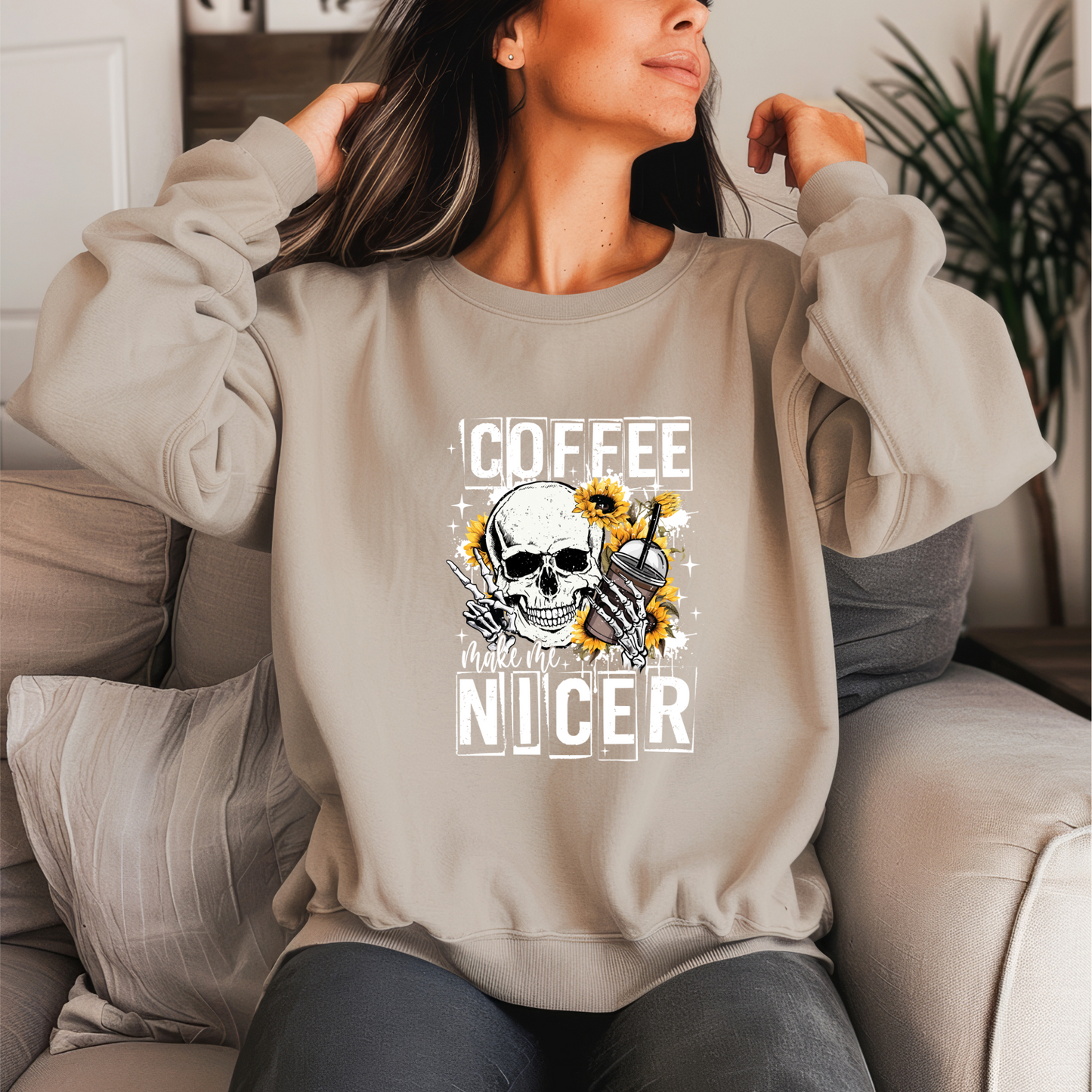 Coffee Make Me Nicer Crewneck Sweater (White Print)