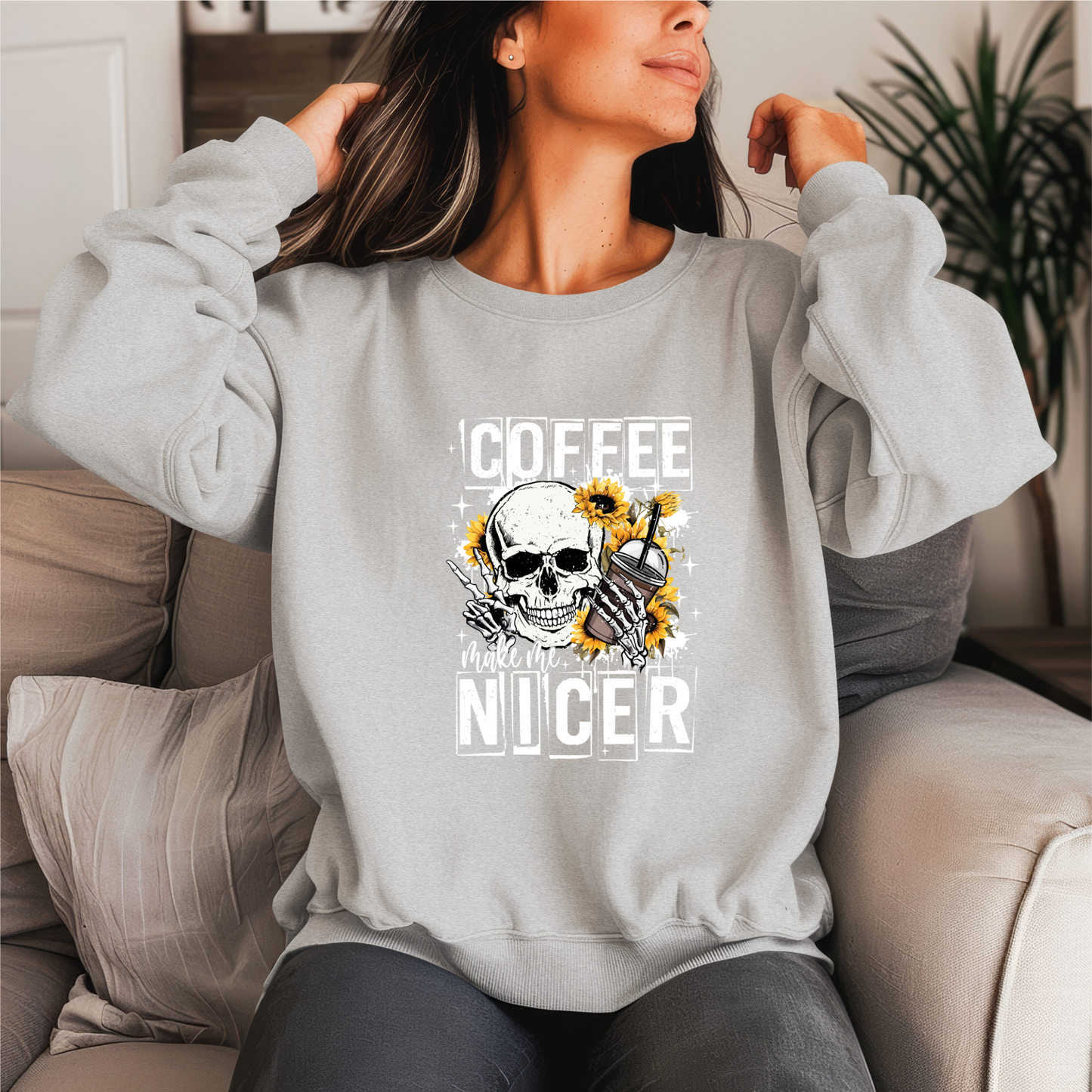 Coffee Make Me Nicer Crewneck Sweater (White Print)