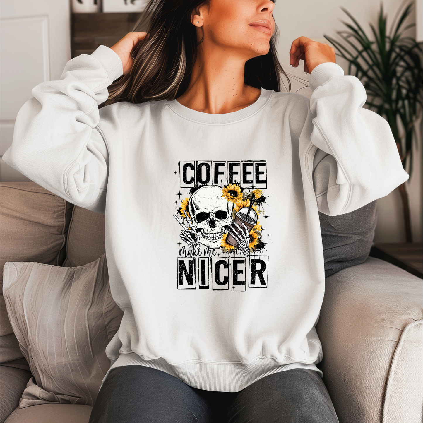 Coffee Make Me Nicer Crewneck Sweater (Black Print)