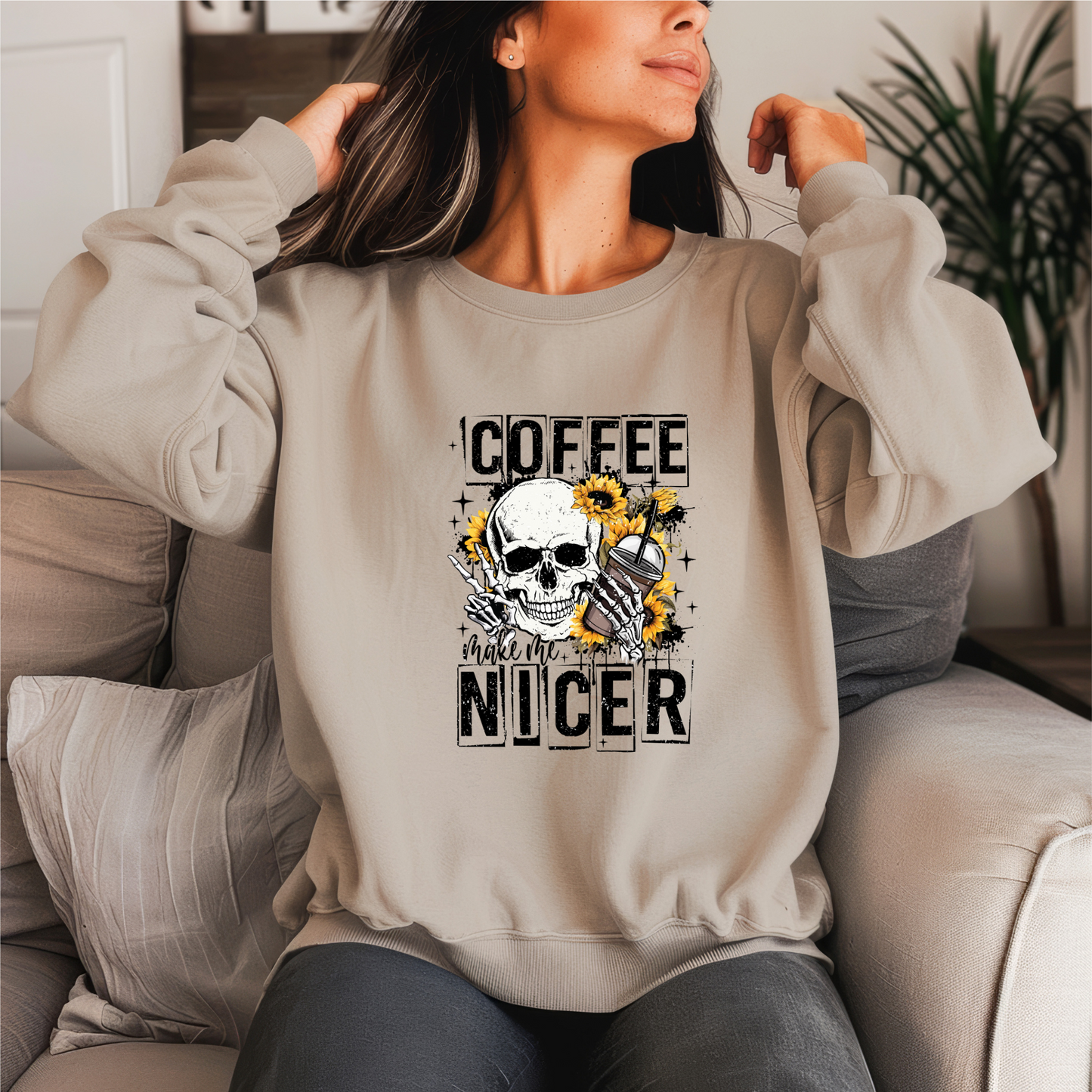 Coffee Make Me Nicer Crewneck Sweater (Black Print)