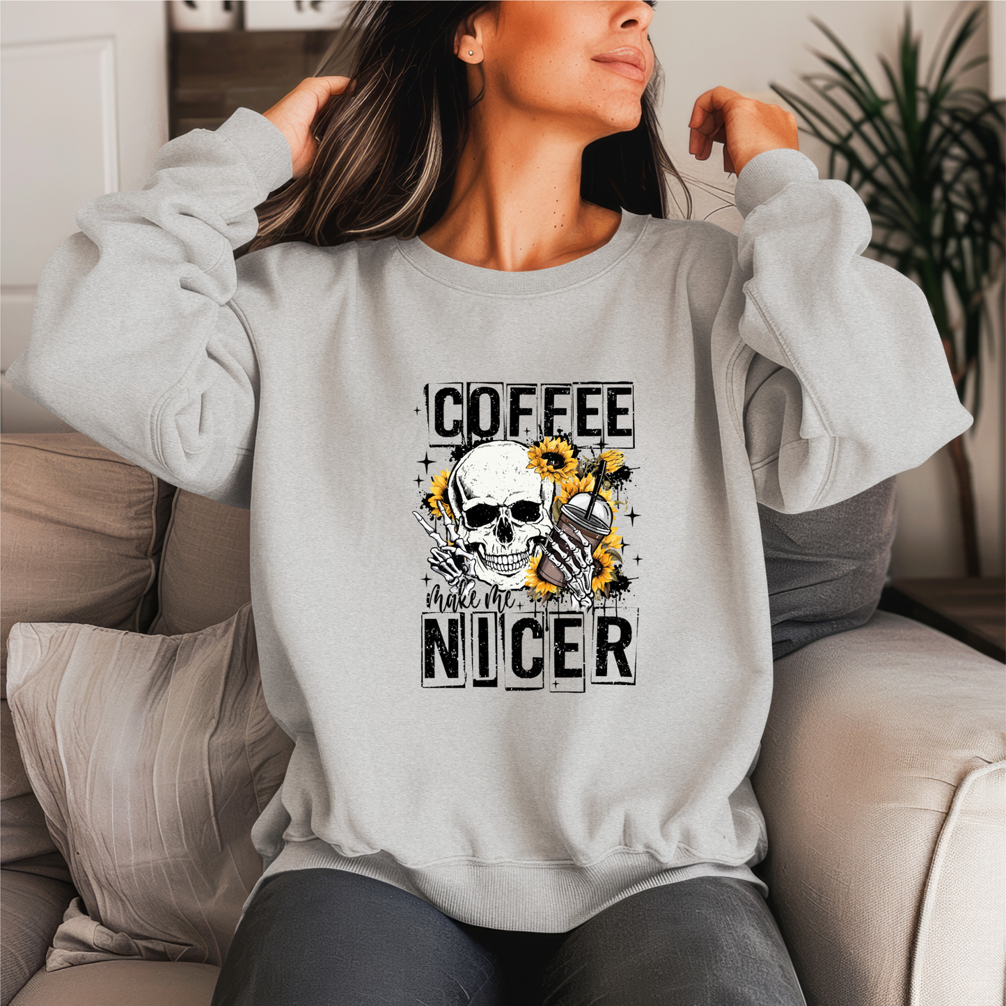 Coffee Make Me Nicer Crewneck Sweater (Black Print)