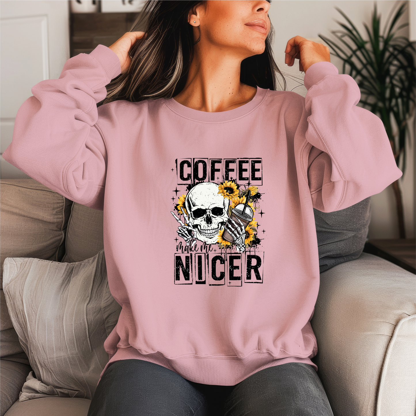 Coffee Make Me Nicer Crewneck Sweater (Black Print)