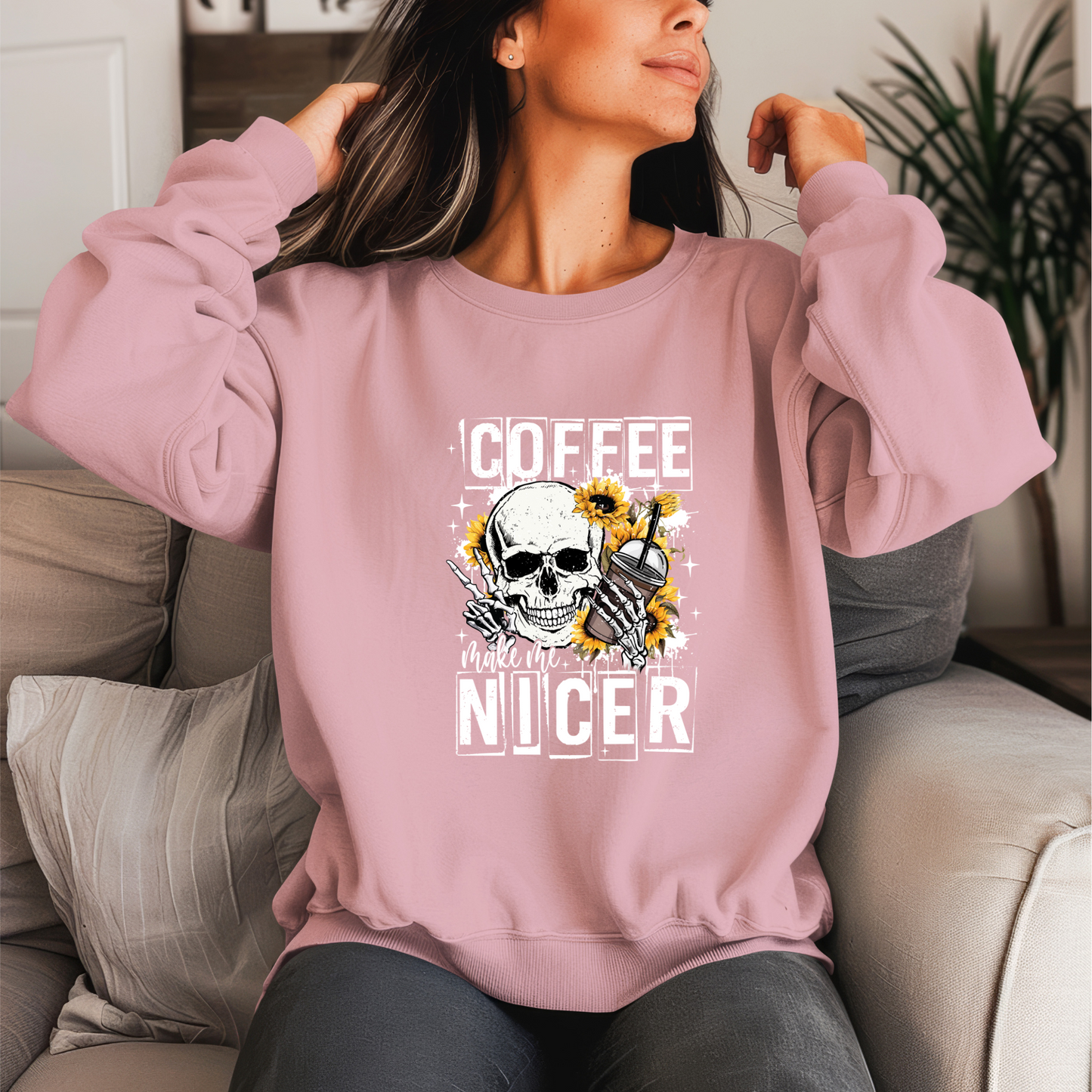 Coffee Make Me Nicer Crewneck Sweater (White Print)